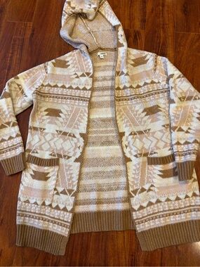 Sonoma Hooded Aztec Knit Cardigan in Beige and Pink